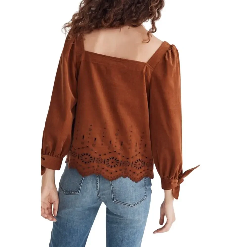 Madewell Embroidered Eyelet Corduroy Tie-Sleeve Top, Warm Coffee, Size Small